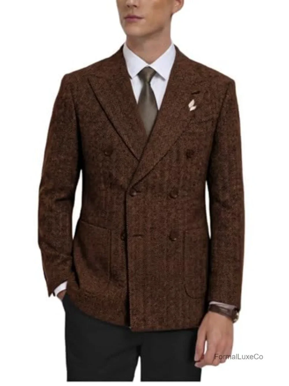 Men's Tweed Herringbone Double-Breasted Blazer Vintage Wool Blend Jacket